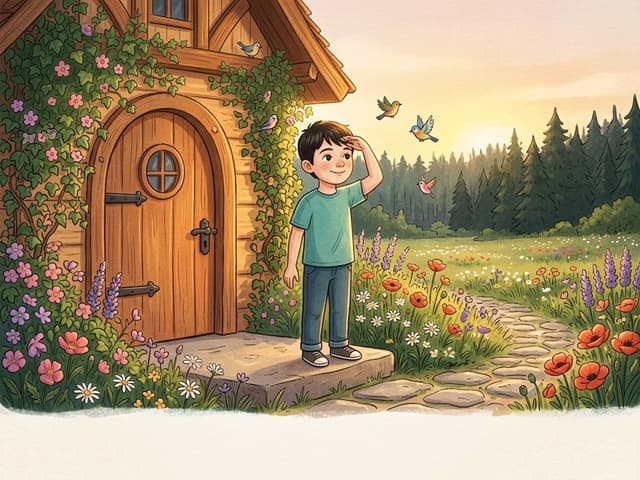 Child illustrated in storybook scene