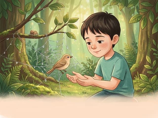 Child illustrated in forest scene